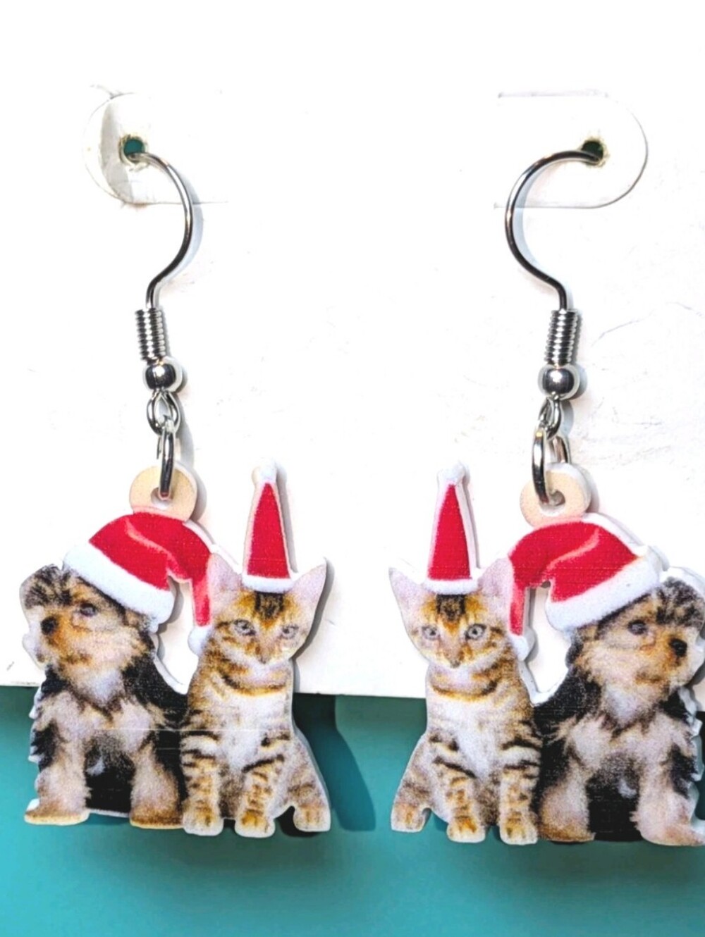 Hand Crafted Red & White Kitten And Dog Holiday Dangle Earrings